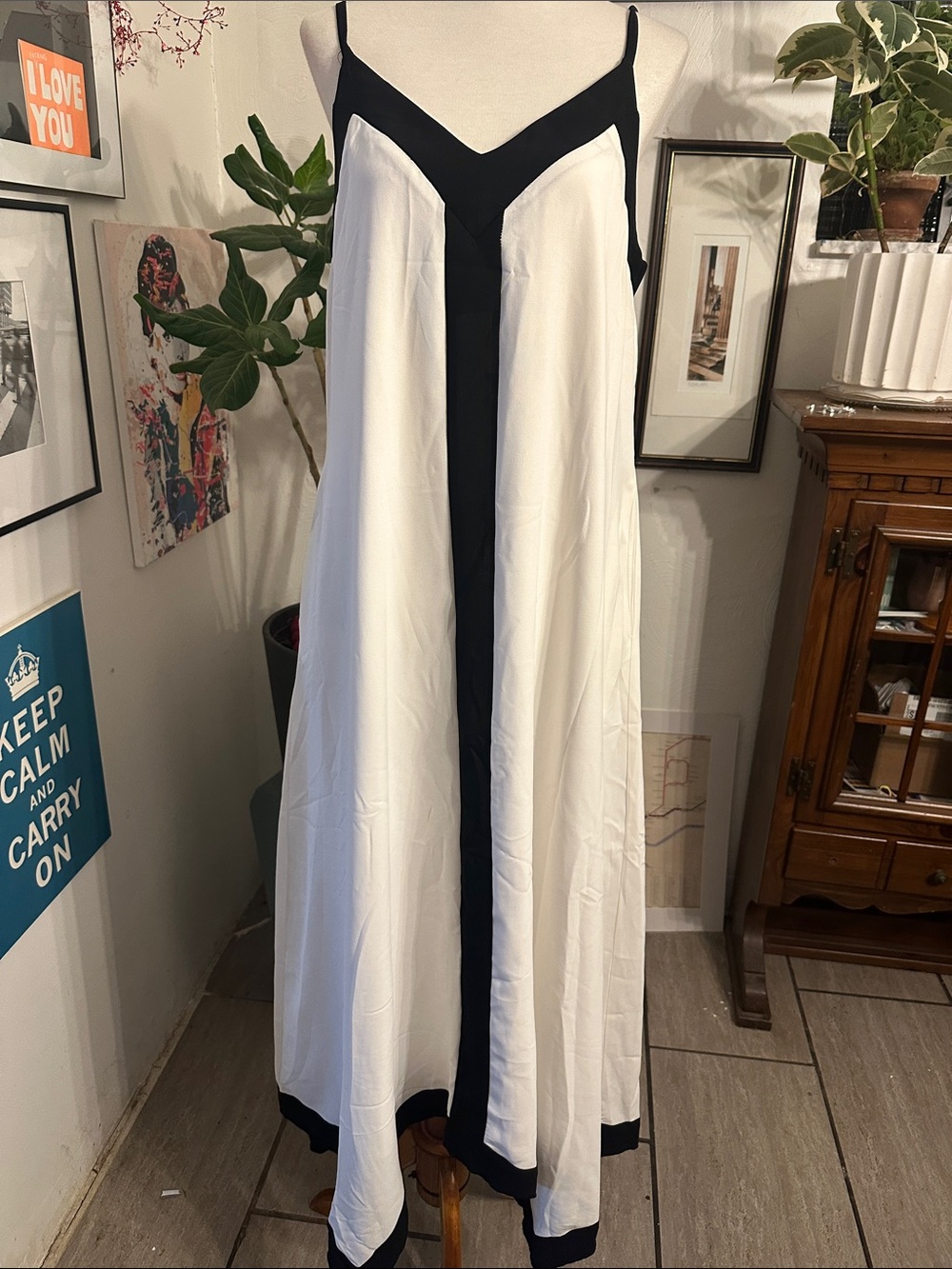 Black & White Maxi Slip Dress with V-Neck